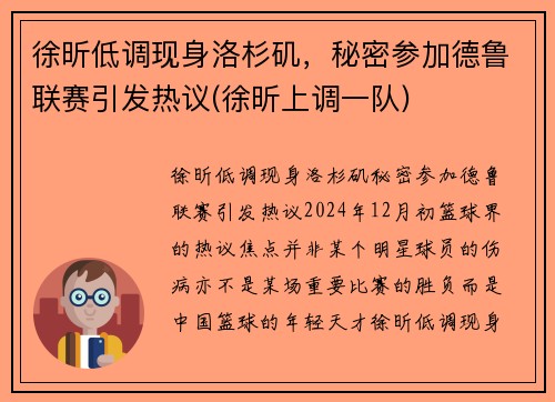 徐昕低调现身洛杉矶，秘密参加德鲁联赛引发热议(徐昕上调一队)