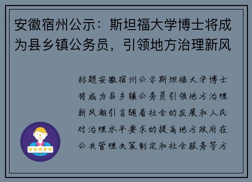 安徽宿州公示：斯坦福大学博士将成为县乡镇公务员，引领地方治理新风潮