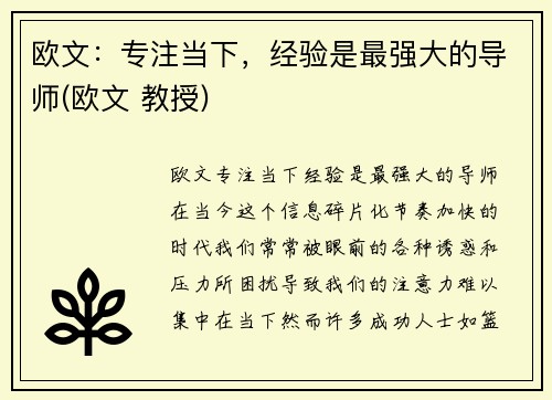 欧文：专注当下，经验是最强大的导师(欧文 教授)