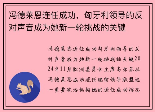冯德莱恩连任成功，匈牙利领导的反对声音成为她新一轮挑战的关键