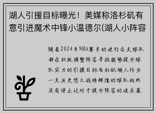 湖人引援目标曝光！美媒称洛杉矶有意引进魔术中锋小温德尔(湖人小阵容)