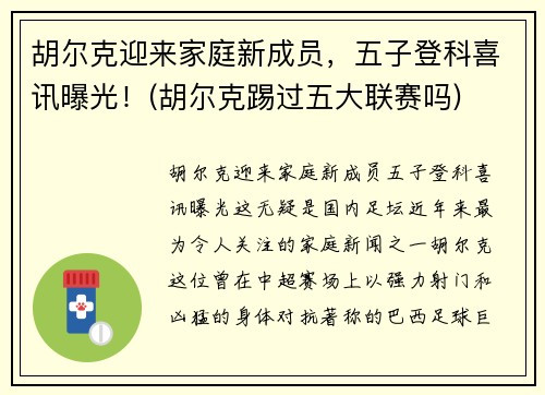 胡尔克迎来家庭新成员，五子登科喜讯曝光！(胡尔克踢过五大联赛吗)