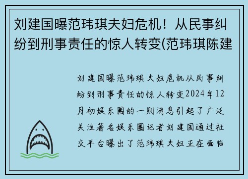 刘建国曝范玮琪夫妇危机！从民事纠纷到刑事责任的惊人转变(范玮琪陈建州婚纱照)