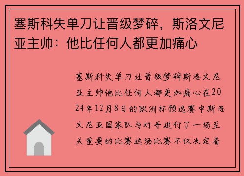 塞斯科失单刀让晋级梦碎，斯洛文尼亚主帅：他比任何人都更加痛心